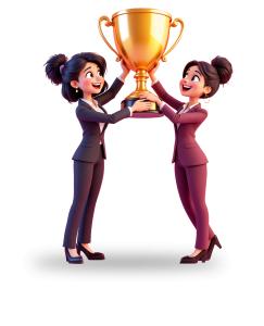 Two animated businesswomen celebrating with a trophy, symbolizing success and teamwork.

