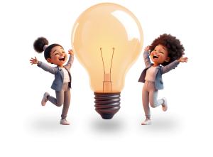Use this clipart of two girls with a lightbulb to highlight creativity, innovation, and teamwork in youth or educational presentations.