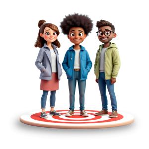 Clipart of young individuals standing on a target symbolizing teamwork, success, and goal-setting—ideal for motivational or educational slides.