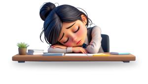 A young girl peacefully sleeping at her desk, illustrating exhaustion and the need for rest.

