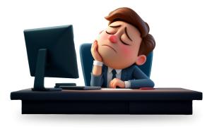 Cartoon businessman at desk resting head in fatigue—perfect visual for illustrating workplace burnout, focus issues, and office exhaustion themes.