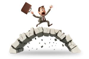 This image features a businessman leaping over a crumbling bridge, symbolizing risk and instability.
