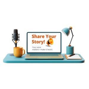Customizable storytelling clipart featuring a laptop, microphone, and megaphone—ideal for slides on podcasting, branding, and communication.
