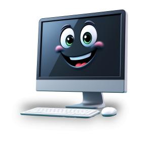 Download smiling computer PNG clipart symbolizing friendly technology and learning. Perfect for educational, tech, and children’s presentations.