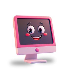 Smiling pink computer with a friendly face against a blue background.

