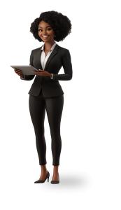 Confident female business leader clipart holding a tablet—ideal for digital workplace, leadership, and women in tech presentations.