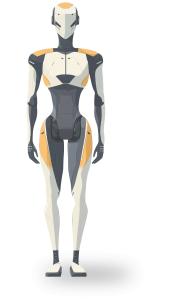 Download an AI Android Robot PNG clipart in white, gray, and orange. A sleek futuristic design perfect for technology, robotics, and innovation presentations.