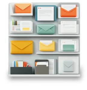 Download an Organized Productivity PNG clipart featuring icon envelopes on a shelf. Perfect for office organization, time management, and efficiency themes.