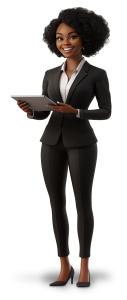 Confident female business leader clipart holding a tablet—ideal for digital workplace, leadership, and women in tech presentations.