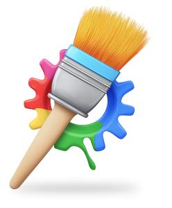 Illustration of a paintbrush with a colorful gear-like wheel. Perfect for art, creativity, design, imagination, and visual expression themes.