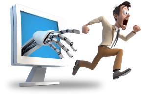This image humorously depicts a man&#039;s fear of a robotic hand emerging from a computer, symbolizing the AI threat to jobs.