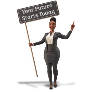Confident businesswoman clipart holding a blank sign—perfect for leadership, empowerment, and communication slides. Add custom text and use in PowerPoint.