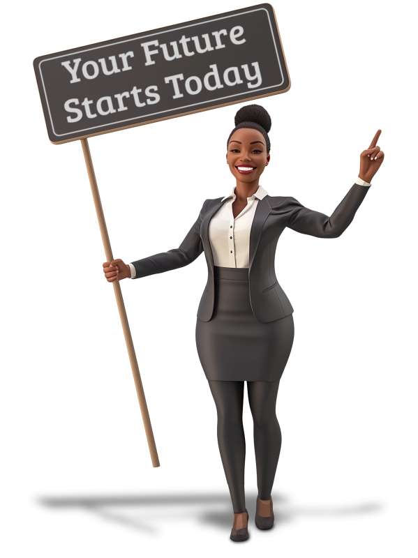 This Presentation Clipart shows a preview of Confident Businesswoman Holding Sign - Customizable Clipart