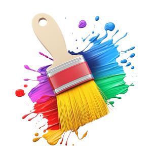 Colorful paintbrush clipart with vibrant paint splashes. Ideal for creative education, art class, or color theory presentations.