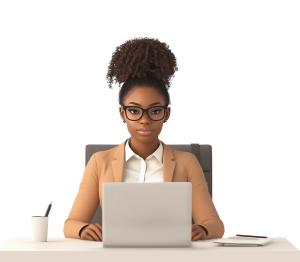 Clipart of a focused businesswoman at her desk with a laptop. Perfect for topics on workplace diversity, productivity, and technology.
