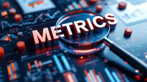 This image features the word &quot;METRICS&quot; against a backdrop of analytical data, emphasizing business analytics.

