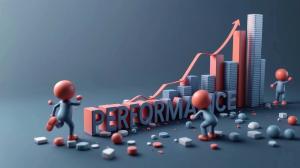 This image illustrates performance analytics with figures, graphs, and the word &quot;PERFORMANCE.&quot;


