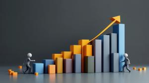 This image depicts a colorful business graph with figures climbing towards growth and success.