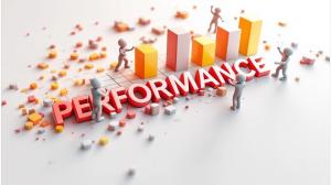 This image illustrates business performance with figures and colorful bar graphs, symbolizing growth and achievement.