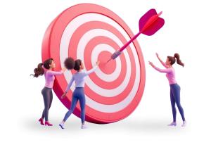 Three businesswomen celebrate a dart hitting a bullseye target—symbolizing teamwork, strategic goals, and business achievement success.