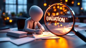 An animated figure evaluates documents in a warm office setting, emphasizing the theme of assessment.

