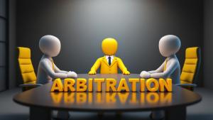 This image illustrates a mediation scene with figures representing arbitration.

