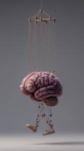 This image depicts a puppet-like brain, symbolizing themes of mind control and gaslighting.

