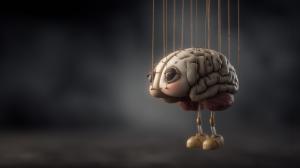 This image depicts a brain puppet, symbolizing themes of mind control and gaslighting.


