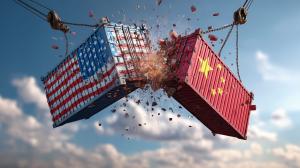 Use this U.S.–China shipping container clash background to illustrate trade war tensions, tariff impact, and global economic disruption in slides.