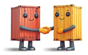 Use this clipart of smiling shipping containers shaking hands to illustrate trade deals, business partnerships, and global economic cooperation.