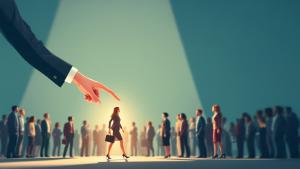 Use this recruitment spotlight background in PowerPoint slides to highlight hiring, candidate selection, talent acquisition, and employee leadership themes.