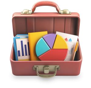 A briefcase filled with colorful folders and a pie chart, symbolizing business analytics and data organization.