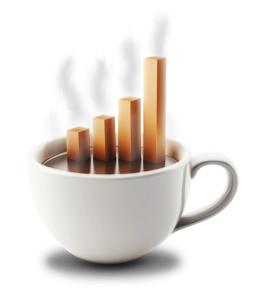 Use this coffee cup with growth bars clipart to represent productivity, motivation, and energy in workplace or business presentations.