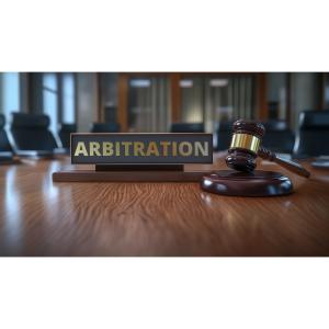 Customize this arbitration background image by changing the sign text. Ideal for legal, mediation, and courtroom-themed PowerPoint presentations.