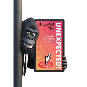 Cartoon gorilla clipart with an editable sign, perfect for guerrilla marketing, surprise promotions, and fun presentation visuals.