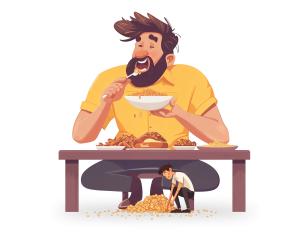 Use this greedy man clipart spilling food with crumbs and a cleaner to highlight excess, responsibility, and humor in your next presentation on consequences.
