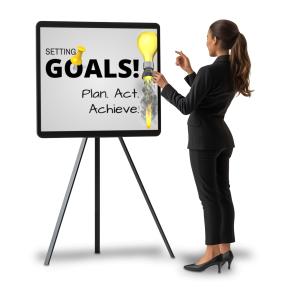 Customizable businesswoman goal setting board clipart for adding your own text and visuals to leadership, training, and motivational presentations.