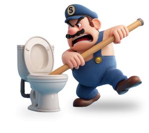 Cartoon plumber humorously tackling a toilet issue with a plunger.