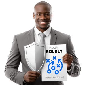 Confident businessman clipart holding a shield and customizable sign—great for presentations on strategy, innovation, security, and leadership.