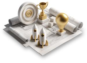 Explore a dynamic clipart scene showing rockets, trophy, light bulb, and target on a blueprint—perfect for strategy, planning, and success themes.