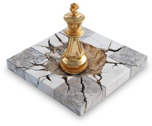 A golden chess king piece rising from a cracked tile platform, symbolizing breakthrough, leadership, and strategic success in adversity.