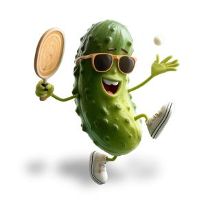 A playful cartoon pickle enthusiastically playing pickleball, showcasing fun and fitness.