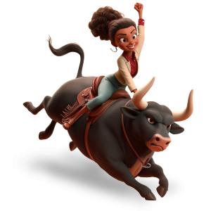 Use this cartoon woman riding bull clipart to symbolize leadership, risk-taking, and resilience in motivational or business presentations.