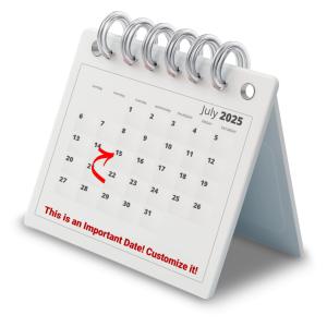 Customize this editable calendar clipart to mark birthdays, deadlines, meetings, or events. Change the month, year, arrow, and text easily.