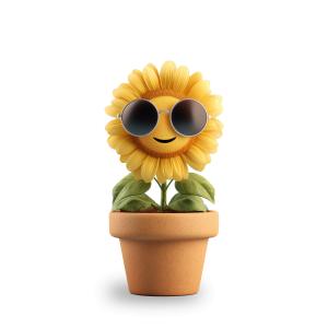 A cheerful sunflower wearing sunglasses in a terracotta pot against a blue background.