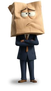 Cartoon businessman wearing a paper bag symbolizing workplace anxiety, self-doubt, and identity in business-themed presentations.
