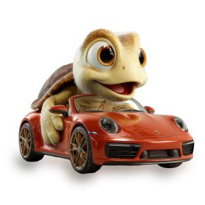 Whimsical cartoon turtle drives a red sports car—perfect for creative, fun, or tech-meets-nature presentation slides.