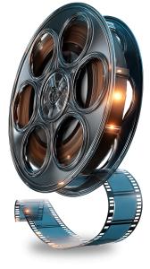 This image showcases a metallic film reel with a spiraling film strip, symbolizing traditional filmmaking.