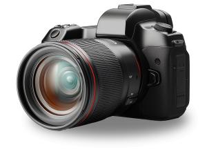 This image showcases a modern black DSLR camera with a large lens, ideal for photography presentations.