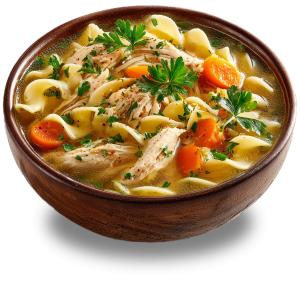 Warm bowl of chicken noodle soup with noodles, carrots, parsley, and rich broth. Great for food, comfort, wellness, and menu presentations.